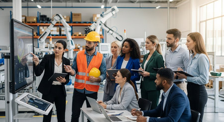 Group of business people working together in modern factory. This is a freight transportation and distribution warehouse. Industrial and industrial workers conceptの素材