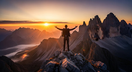 Man standing on top of a mountain and looking at the sunrise.の素材