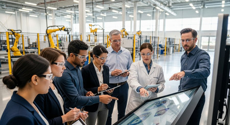 High angle view of factory workers using electronic devices while standing in warehouseの素材