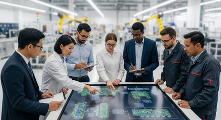 Group of young Asian people and businesswoman in smart casual wear working together in the modern factory. Industrial and technology concept.の素材