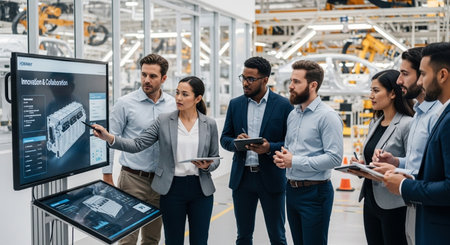 high angle view of multiethnic business people using digital devices in warehouseの素材