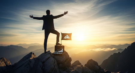 Businessman standing on the top of a mountain and looking at the sunriseの素材