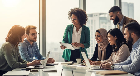Group of multiethnic business people working and communicating together in office.の素材