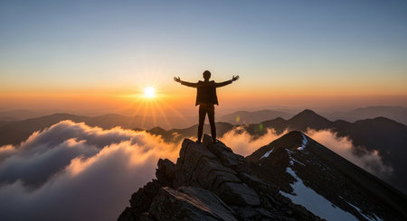 Man standing on the top of the mountain and looking at the sunriseの素材