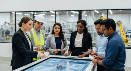 High angle view of engineers discussing over digital tablet while standing in factoryの素材