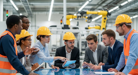 Group of engineers discussing over blueprint during meeting in factory. Selective focusの素材