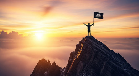 Successful businessman standing on top of a mountain with a flag in his hand.の素材