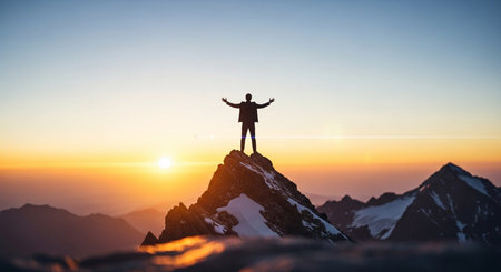 Silhouette of a man standing on the top of a mountain with his hands raised in the air.の素材