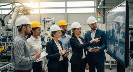 Group of engineers and factory workers working together in a modern factory.の素材