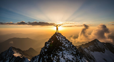 Jesus Christ on top of a mountain peak at sunset. Panoramaの素材