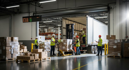Warehouse workers working with forklift in a large industrial warehouse.の素材