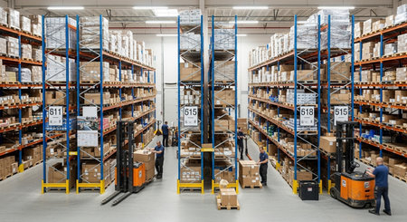 High angle view of workers working at warehouse. This is a freight transportation and distribution warehouse. Industrial and industrial workers conceptの素材