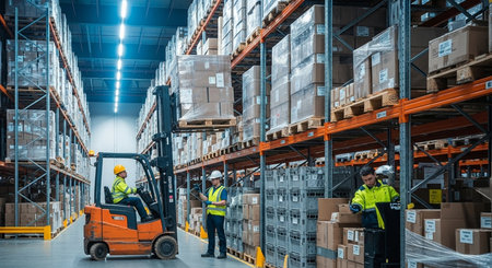 Warehouse workers using forklift in warehouse. This is a freight transportation and distribution warehouse. Industrial and industrial workers conceptの素材