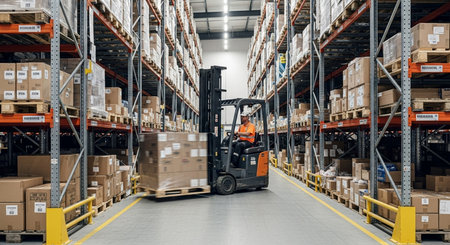 Forklift working in warehouse. This is a freight transportation and distribution warehouse. Industrial and industrial backgroundの素材