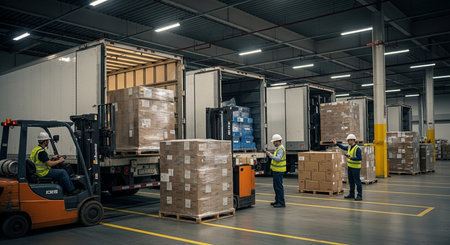 Warehouse workers unloading boxes from forklift to warehouse cargo storage roomの素材