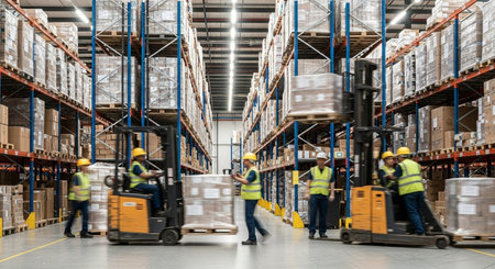 Blurred image of forklift working in warehouse. This is a freight transportation and distribution warehouse. Industrial and industrial workers conceptの素材