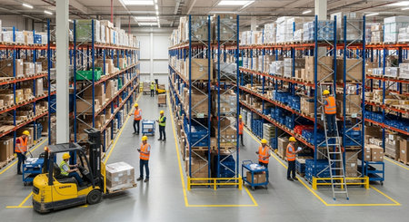 High angle view of warehouse workers using forklift in warehouse. This is a freight transportation and distribution warehouse. Industrial and industrial workers conceptの素材