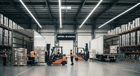 Forklift loader in warehouse. This is a freight transportation and distribution warehouse. Industrial and industrial backgroundの素材