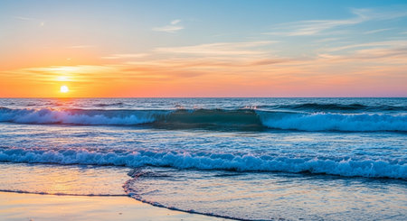 Beautiful sunset on the beach. Beautiful seascape with wavesの素材