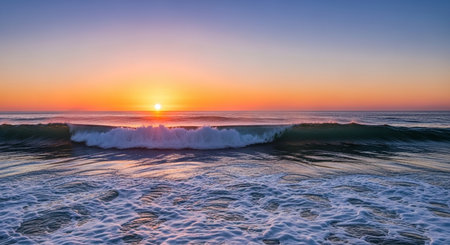 Beautiful sunset on the beach with waves breaking on the shore.の素材