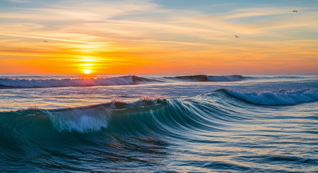 Beautiful sunset at the beach with waves and seagullsの素材