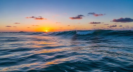 Beautiful sunset in the ocean with a wave in the foreground.の素材