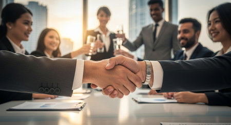 Business people shaking hands, finishing up a meeting. Business success concept.の素材