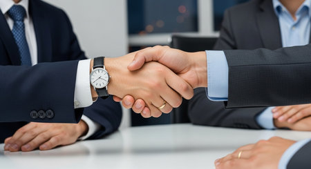 Business people shaking hands, finishing up a meeting, close-upの素材