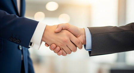 business, partnership, handshake and people concept - close up of two businessmen shaking hands over office backgroundの素材
