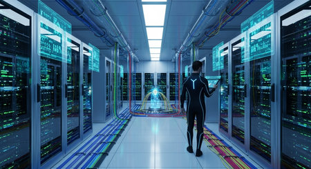Woman in futuristic server room. 3D rendering. Virtual reality.の素材