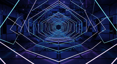 Dark futuristic tunnel with glowing neon lights. 3D rendering toned image double exposureの素材