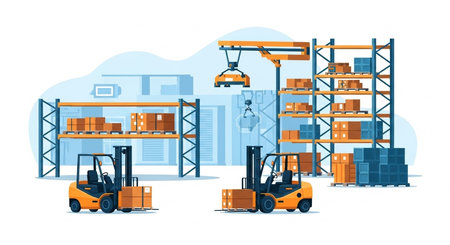 Warehouse or storehouse with forklift and boxes. Vector illustration.の素材