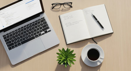 Top view of office workplace with laptop, coffee cup, notebook and glasses.の素材