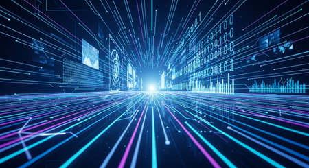 Digital data flow on a futuristic background. 3d rendering toned image double exposureの素材