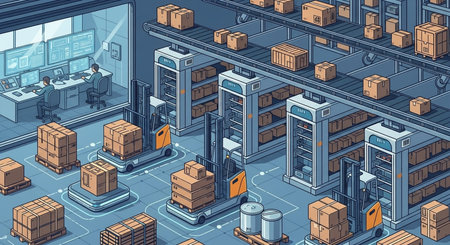Warehouse isometric composition with conveyor belt and boxes vector illustrationの素材