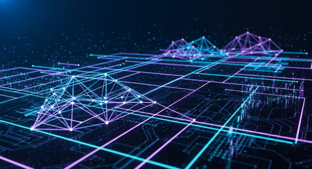 3d rendering. Futuristic polygonal grid on blue background. Network concept.の素材