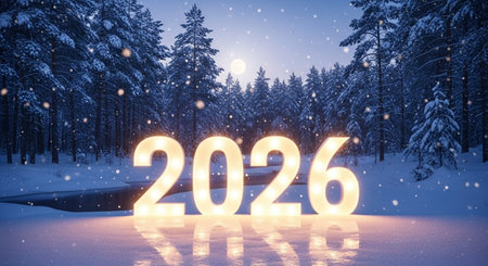 Digitally composite image of new year 2016 against snow covered forestの素材