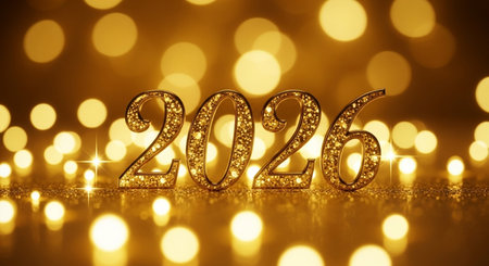 Happy New Year 2016 with bokeh lights on golden background.の素材