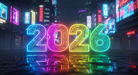 3D rendering of 2020 New Year neon sign on a city streetの素材