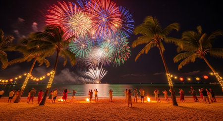 Beautiful firework display for celebration happy new year and merry christmas at beachの素材