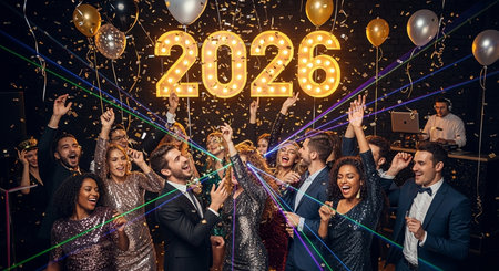 Cheerful young people dancing in nightclub and celebrating new year 2020の素材