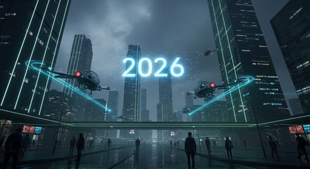Hologram of 2021 flying over skyscrapers in hongkongの素材