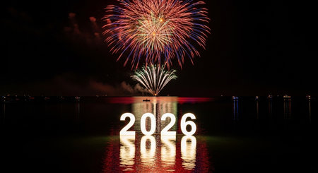 New Year's Eve Fireworks and reflection in the water with numbers 2016の素材