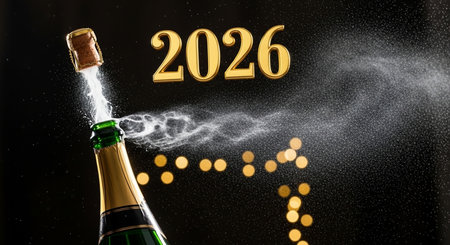 New Year's Eve celebration champagne bottle with the number 2016 coming out of itの素材