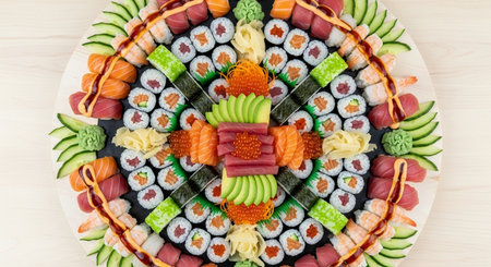 Top view of sushi set with salmon, tuna, avocado, cucumber and wasabi on wooden backgroundの素材