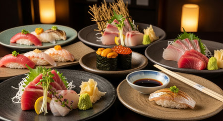 Sushi set with wasabi, ginger and soy sauce in a restaurantの素材
