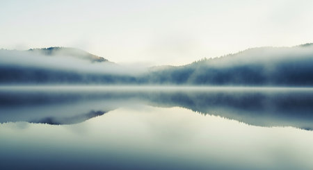 Panoramic view of foggy lake in the morning. Long exposureの素材