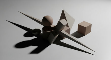 3d rendering of geometric shapes in grey background with shadow and lightの素材
