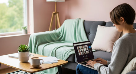 Young woman using laptop while sitting on couch in living room at homeの素材