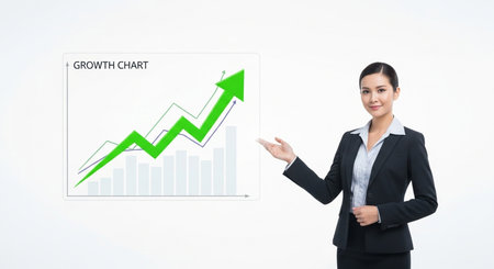 Businesswoman showing graph of growth with whiteboard on the white backgroundの素材